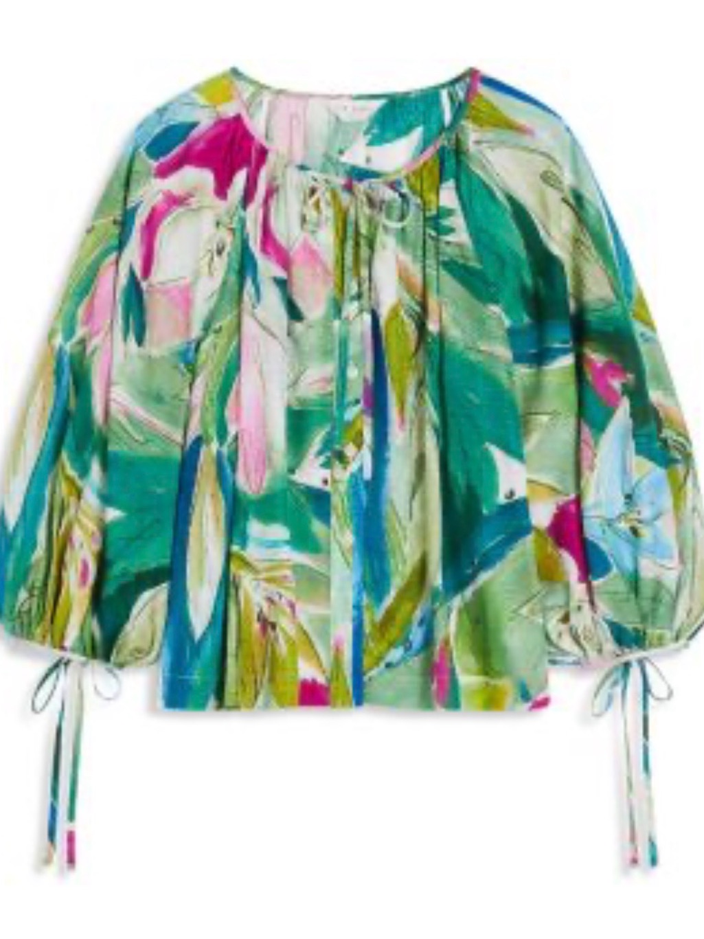 Ted Baker Green Pink Blue Abstract Floral Tie-Sleeve Blouse